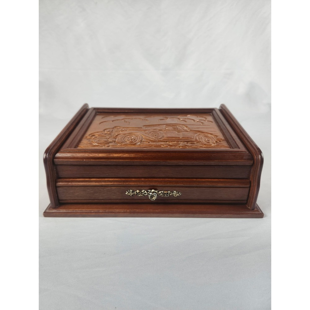 Vintage Men's Rosalco Wooden Valet Jewelry Box Classic Car Carving Mirror Case